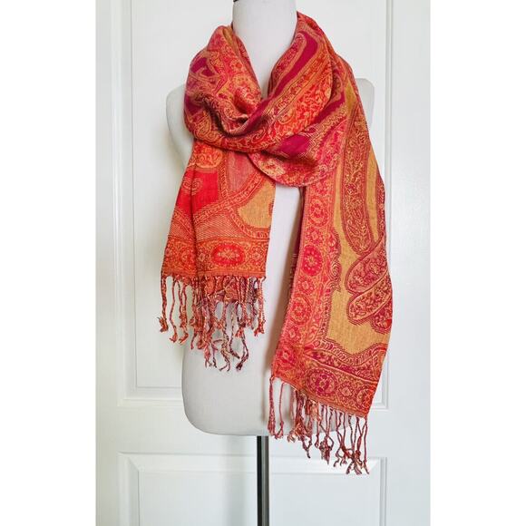 Orange Yellow Scarf Shawl Wrap Pashmina Sarong 74" x 22" Paisley Boho Boutique - Picture 5 of 6